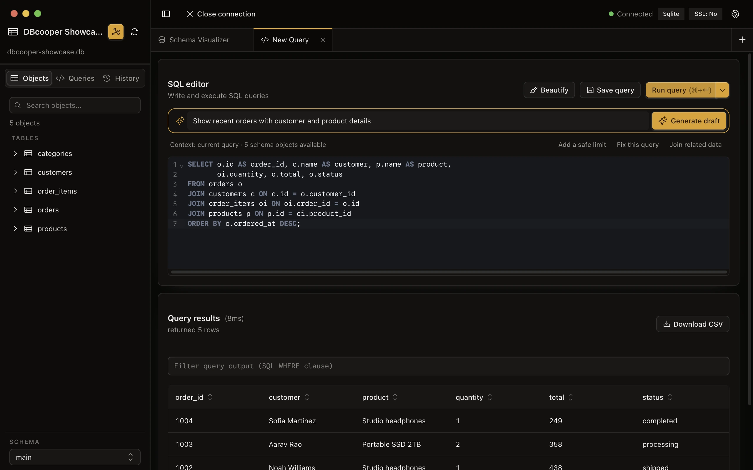 DBcooper SQL editor with a contextual query draft